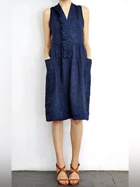 Sari Gueron Linen Indigo Midi Dress -Frayed Ruffle Detail Button Front